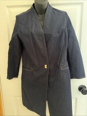 Chico's Dark Blue Collarless Long Denim Jacket